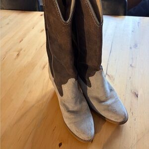 Two-Tone Suede Western Heeled Boots - Brown & Light Gray